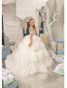 Beaded Ivory Lace Tulle Ruffled Stunning Flower Girl Dress